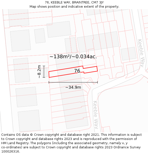 76, KEEBLE WAY, BRAINTREE, CM7 3JY: Plot and title map
