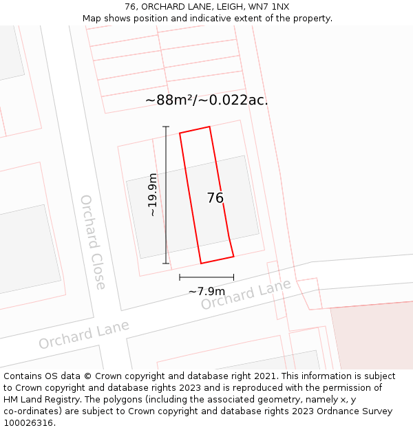 76, ORCHARD LANE, LEIGH, WN7 1NX: Plot and title map