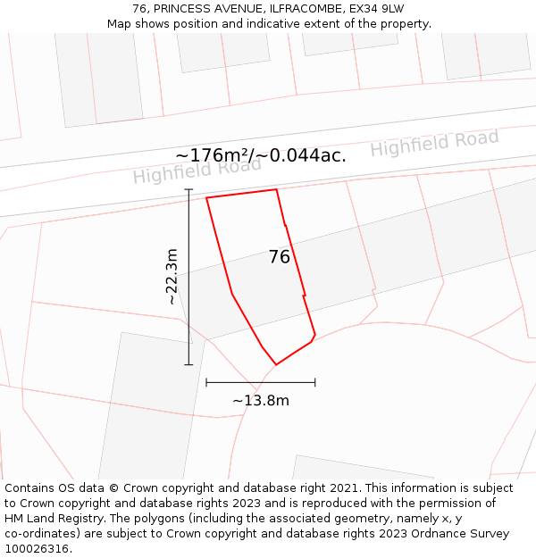 76, PRINCESS AVENUE, ILFRACOMBE, EX34 9LW: Plot and title map