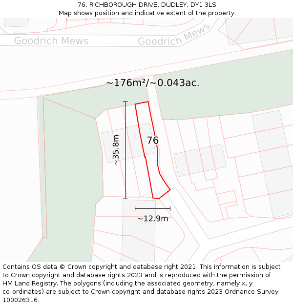 76, RICHBOROUGH DRIVE, DUDLEY, DY1 3LS: Plot and title map