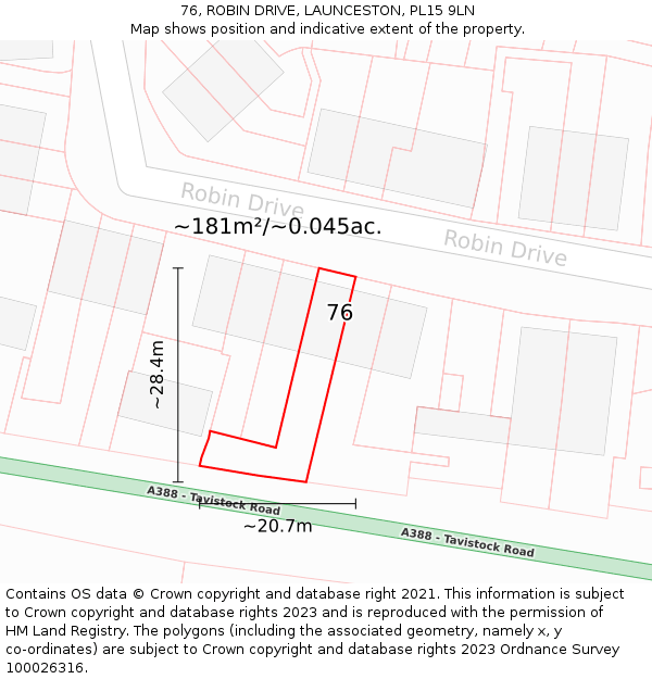 76, ROBIN DRIVE, LAUNCESTON, PL15 9LN: Plot and title map