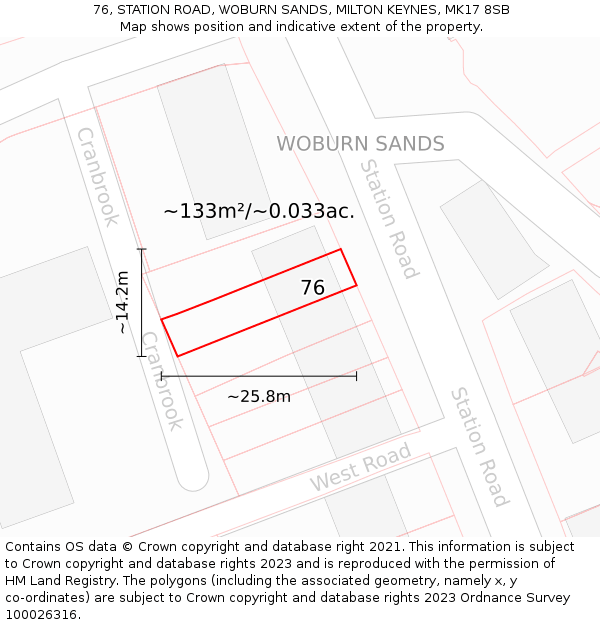 76, STATION ROAD, WOBURN SANDS, MILTON KEYNES, MK17 8SB: Plot and title map