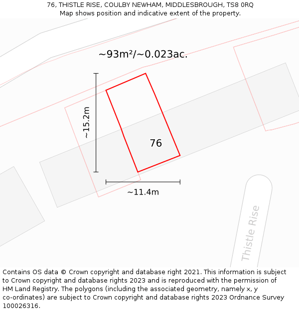 76, THISTLE RISE, COULBY NEWHAM, MIDDLESBROUGH, TS8 0RQ: Plot and title map