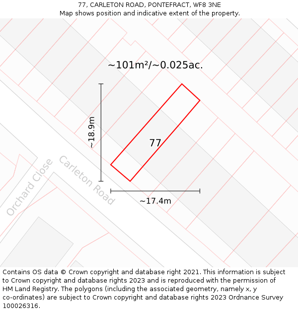 77, CARLETON ROAD, PONTEFRACT, WF8 3NE: Plot and title map