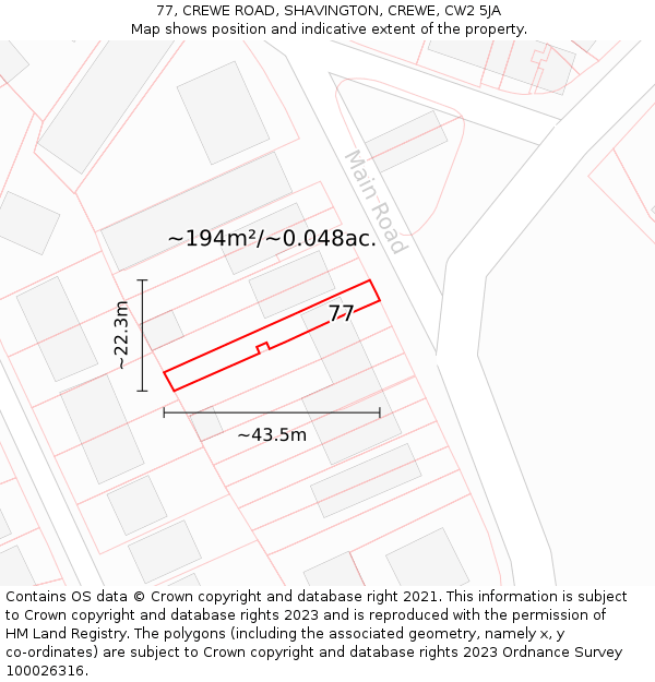 77, CREWE ROAD, SHAVINGTON, CREWE, CW2 5JA: Plot and title map