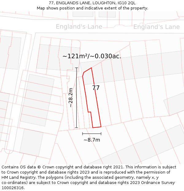 77, ENGLANDS LANE, LOUGHTON, IG10 2QL: Plot and title map