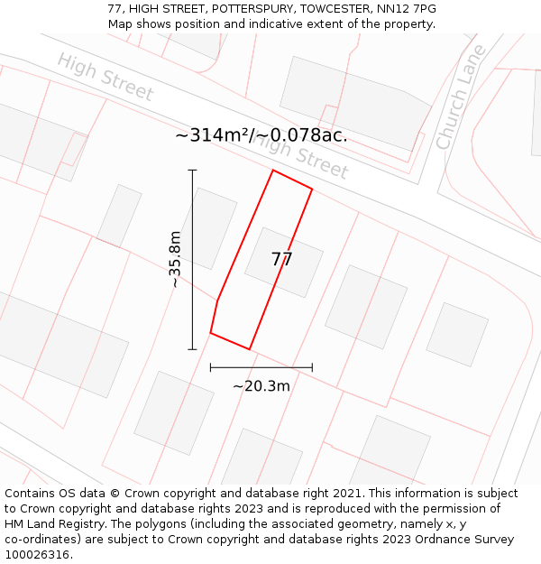 77, HIGH STREET, POTTERSPURY, TOWCESTER, NN12 7PG: Plot and title map
