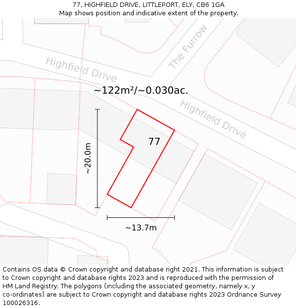 77, HIGHFIELD DRIVE, LITTLEPORT, ELY, CB6 1GA: Plot and title map