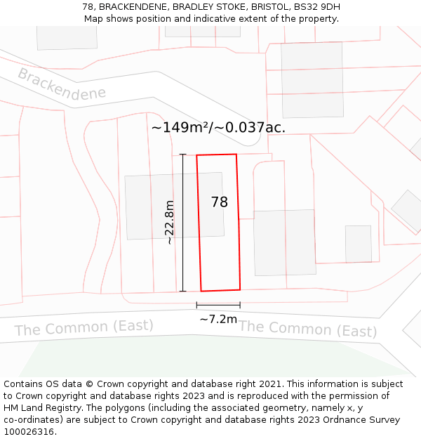 78, BRACKENDENE, BRADLEY STOKE, BRISTOL, BS32 9DH: Plot and title map