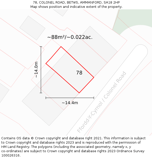 78, COLONEL ROAD, BETWS, AMMANFORD, SA18 2HP: Plot and title map