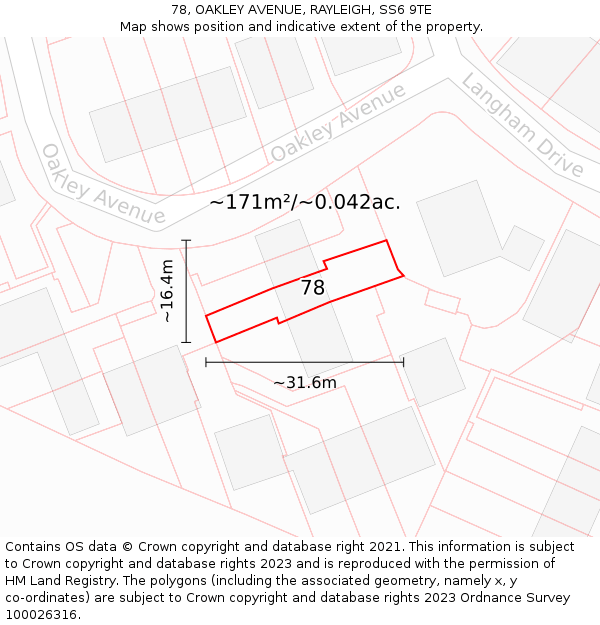 78, OAKLEY AVENUE, RAYLEIGH, SS6 9TE: Plot and title map