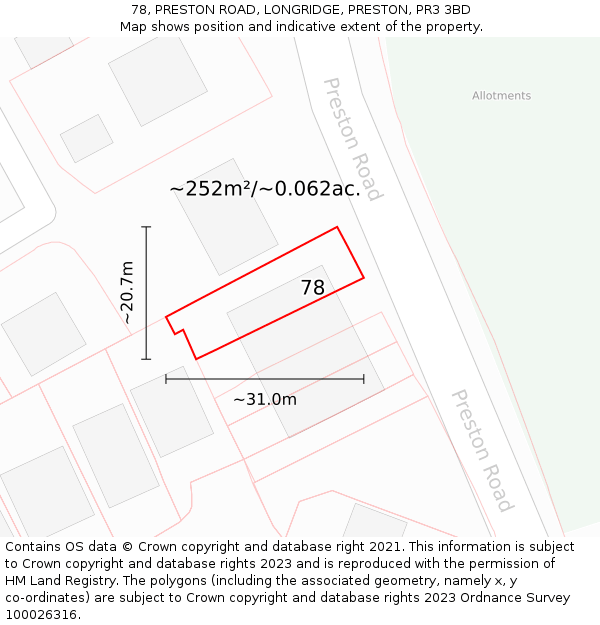 78, PRESTON ROAD, LONGRIDGE, PRESTON, PR3 3BD: Plot and title map