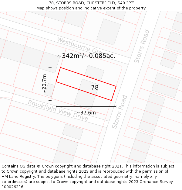 78, STORRS ROAD, CHESTERFIELD, S40 3PZ: Plot and title map