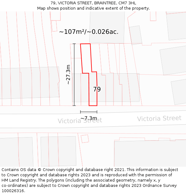 79, VICTORIA STREET, BRAINTREE, CM7 3HL: Plot and title map