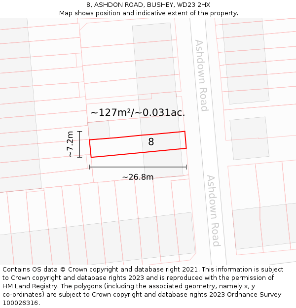 8, ASHDON ROAD, BUSHEY, WD23 2HX: Plot and title map