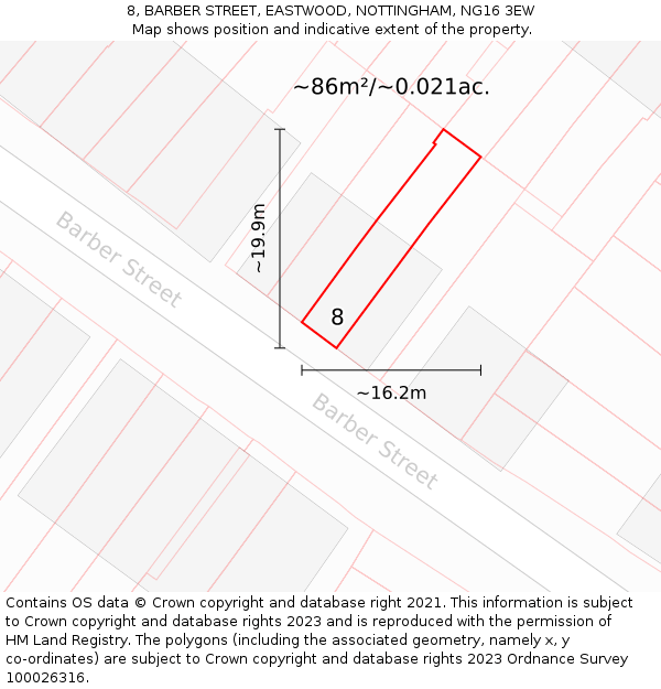 8, BARBER STREET, EASTWOOD, NOTTINGHAM, NG16 3EW: Plot and title map