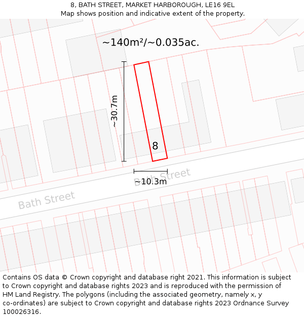 8, BATH STREET, MARKET HARBOROUGH, LE16 9EL: Plot and title map