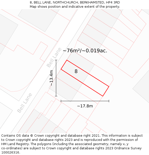8, BELL LANE, NORTHCHURCH, BERKHAMSTED, HP4 3RD: Plot and title map