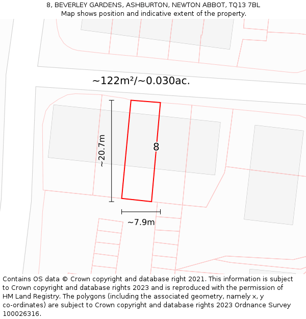 8, BEVERLEY GARDENS, ASHBURTON, NEWTON ABBOT, TQ13 7BL: Plot and title map