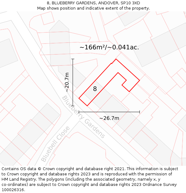 8, BLUEBERRY GARDENS, ANDOVER, SP10 3XD: Plot and title map