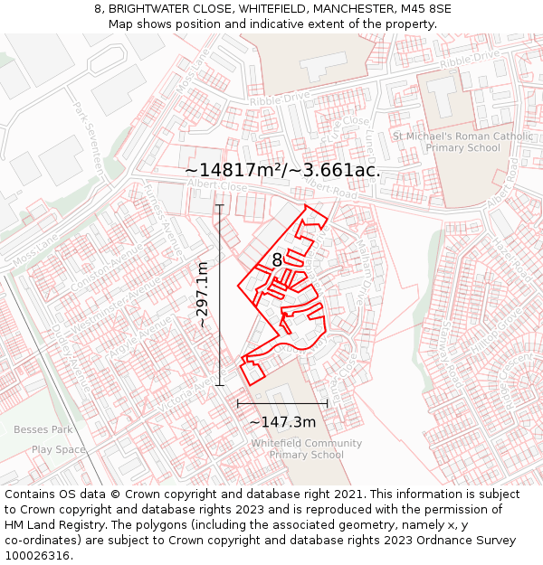 8, BRIGHTWATER CLOSE, WHITEFIELD, MANCHESTER, M45 8SE: Plot and title map