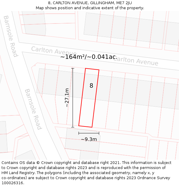 8, CARLTON AVENUE, GILLINGHAM, ME7 2JU: Plot and title map