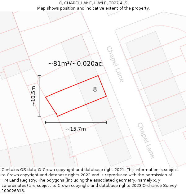 8, CHAPEL LANE, HAYLE, TR27 4LS: Plot and title map