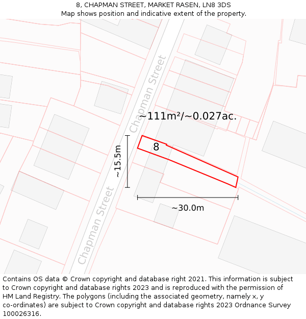 8, CHAPMAN STREET, MARKET RASEN, LN8 3DS: Plot and title map