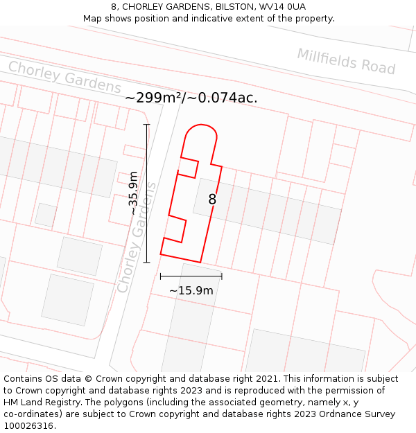 8, CHORLEY GARDENS, BILSTON, WV14 0UA: Plot and title map