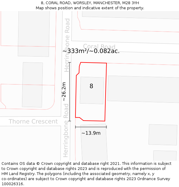 8, CORAL ROAD, WORSLEY, MANCHESTER, M28 3YH: Plot and title map
