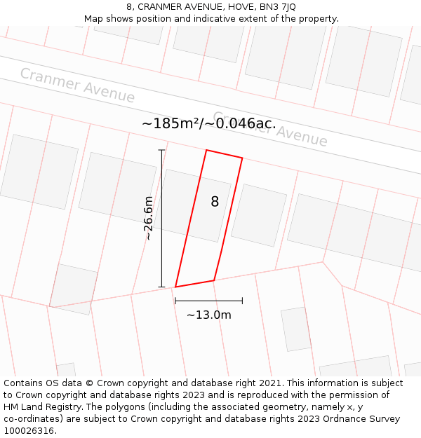 8, CRANMER AVENUE, HOVE, BN3 7JQ: Plot and title map