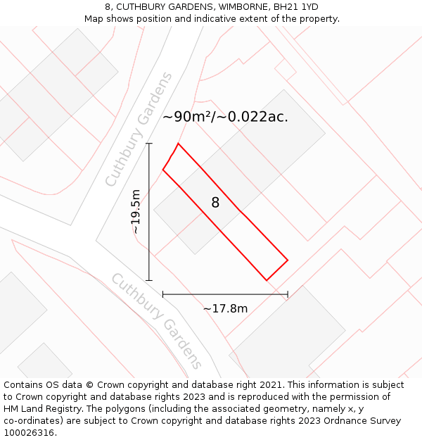 8, CUTHBURY GARDENS, WIMBORNE, BH21 1YD: Plot and title map