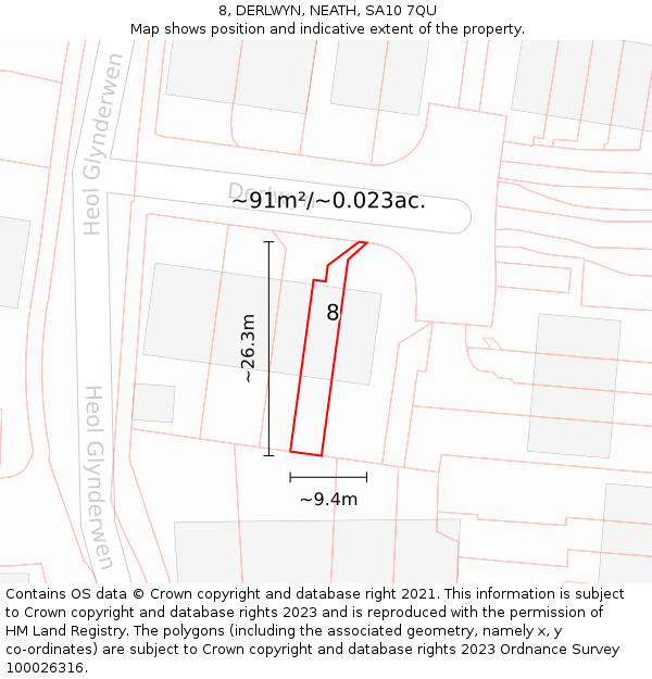 8, DERLWYN, NEATH, SA10 7QU: Plot and title map