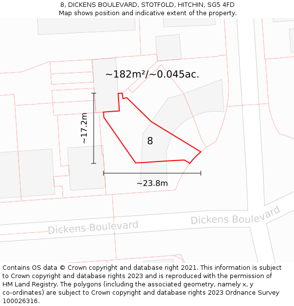 8, DICKENS BOULEVARD, STOTFOLD, HITCHIN, SG5 4FD: Plot and title map