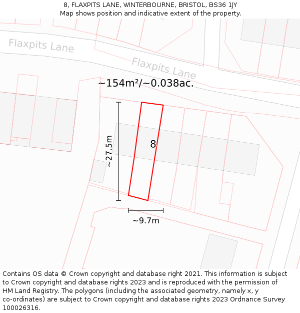 8, FLAXPITS LANE, WINTERBOURNE, BRISTOL, BS36 1JY: Plot and title map