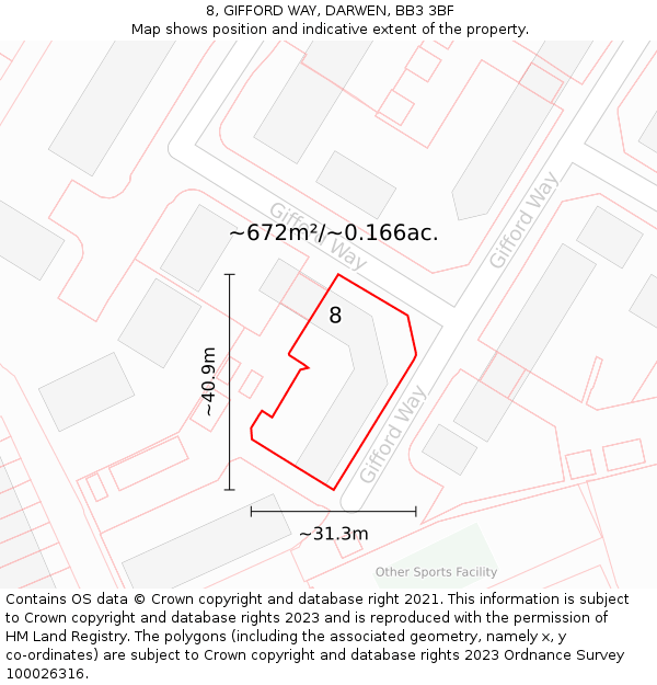 8, GIFFORD WAY, DARWEN, BB3 3BF: Plot and title map
