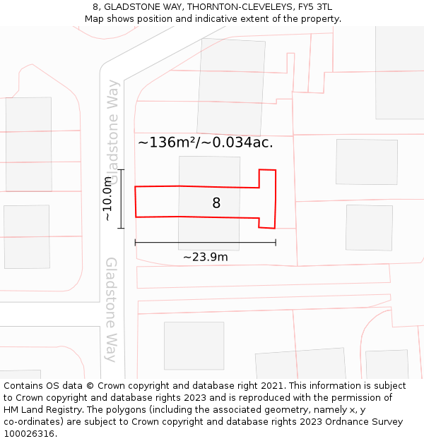 8, GLADSTONE WAY, THORNTON-CLEVELEYS, FY5 3TL: Plot and title map