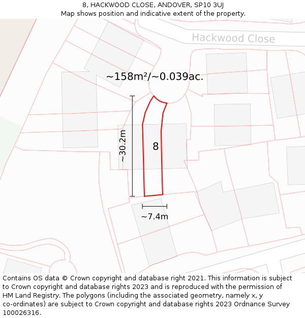 8, HACKWOOD CLOSE, ANDOVER, SP10 3UJ: Plot and title map