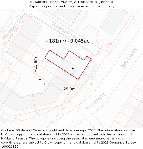 8, HAREBELL DRIVE, YAXLEY, PETERBOROUGH, PE7 3UL: Plot and title map