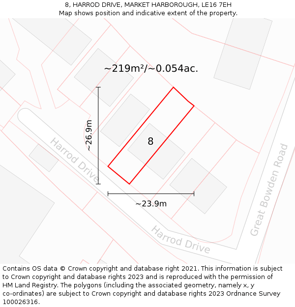 8, HARROD DRIVE, MARKET HARBOROUGH, LE16 7EH: Plot and title map