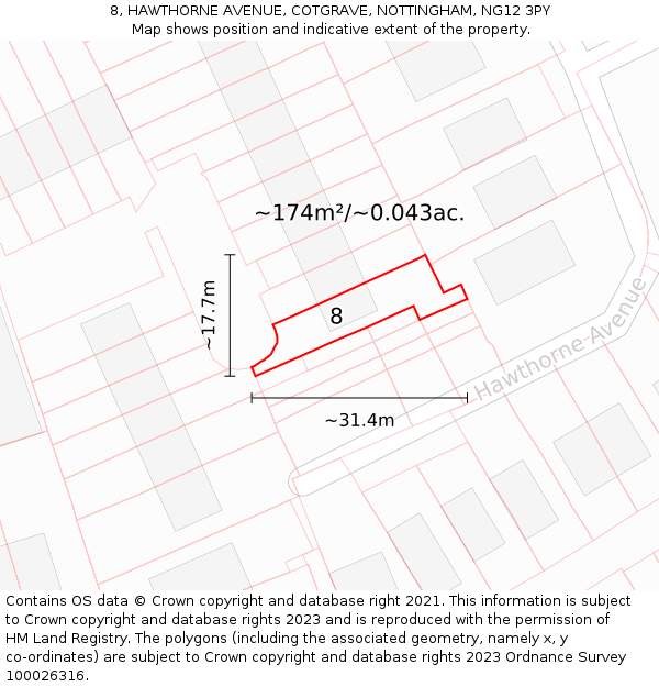 8, HAWTHORNE AVENUE, COTGRAVE, NOTTINGHAM, NG12 3PY: Plot and title map