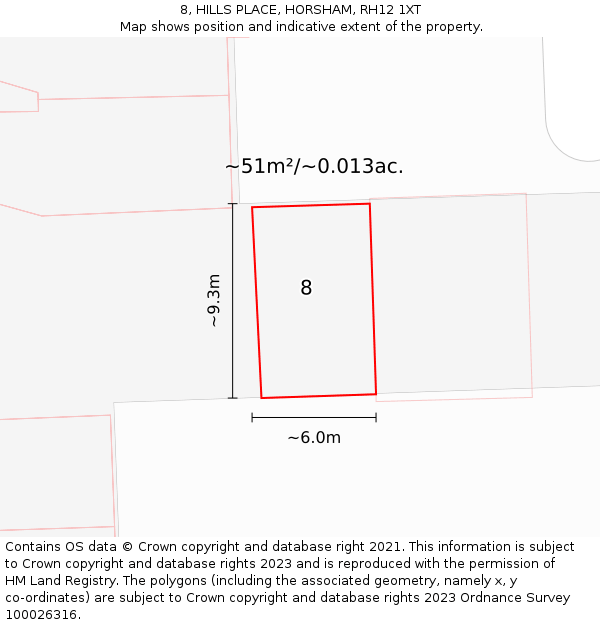 8, HILLS PLACE, HORSHAM, RH12 1XT: Plot and title map