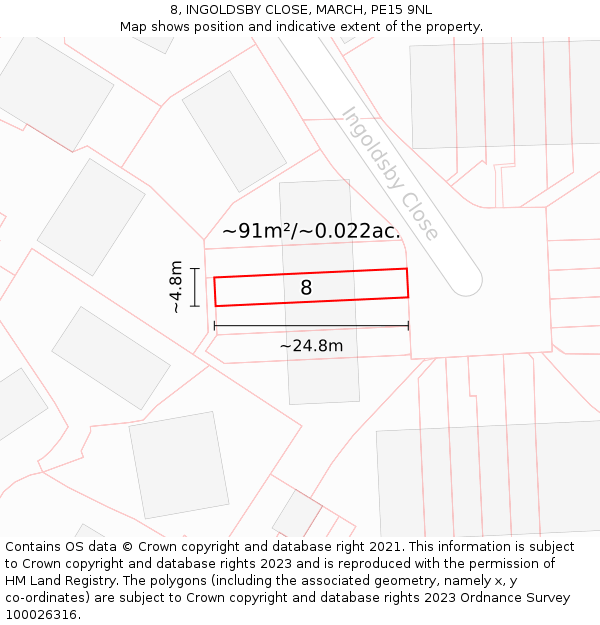 8, INGOLDSBY CLOSE, MARCH, PE15 9NL: Plot and title map