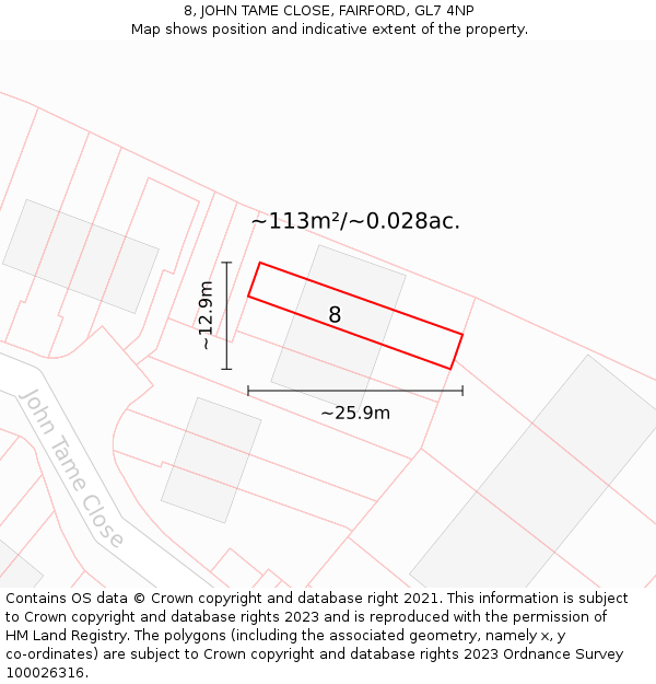 8, JOHN TAME CLOSE, FAIRFORD, GL7 4NP: Plot and title map