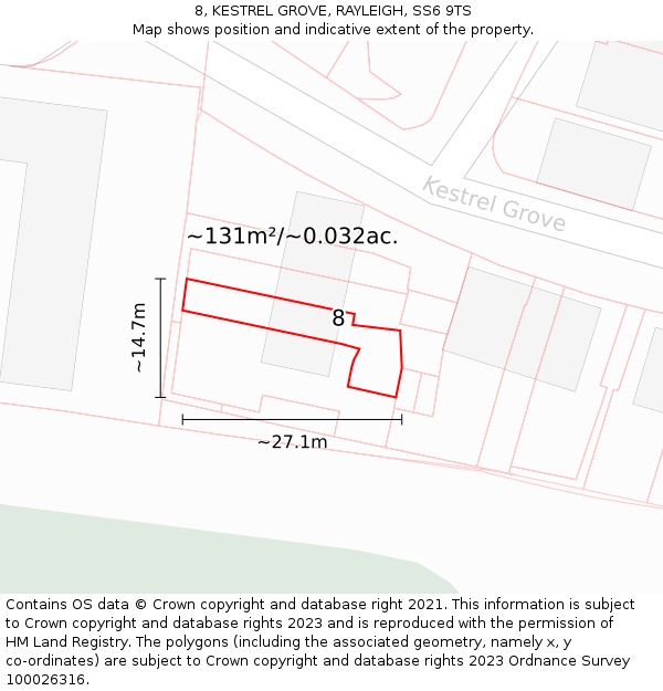 8, KESTREL GROVE, RAYLEIGH, SS6 9TS: Plot and title map