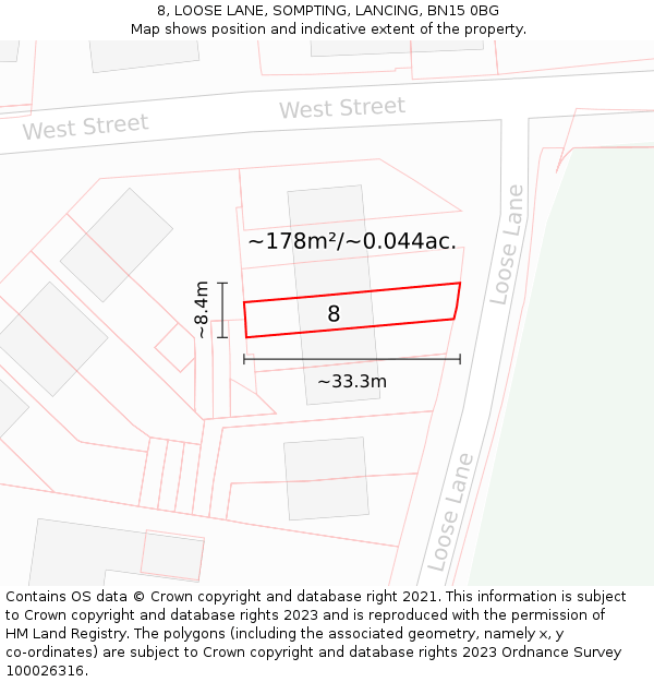 8, LOOSE LANE, SOMPTING, LANCING, BN15 0BG: Plot and title map