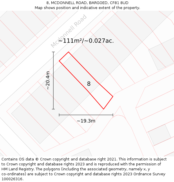 8, MCDONNELL ROAD, BARGOED, CF81 8UD: Plot and title map