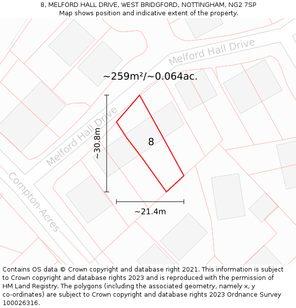 8, MELFORD HALL DRIVE, WEST BRIDGFORD, NOTTINGHAM, NG2 7SP: Plot and title map