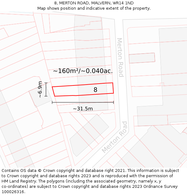 8, MERTON ROAD, MALVERN, WR14 1ND: Plot and title map