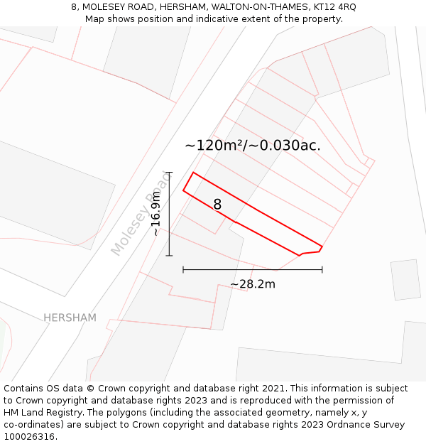 8, MOLESEY ROAD, HERSHAM, WALTON-ON-THAMES, KT12 4RQ: Plot and title map